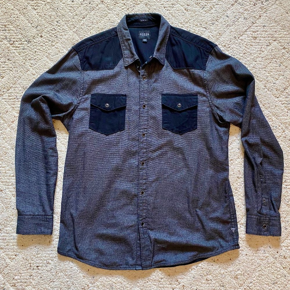 Guess Gray Western Shirt With Black Yoke / Pockets, Pearl Snaps, Size Large